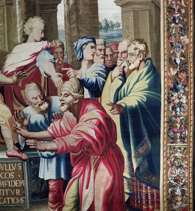 Arazzo raffigurante gli Atti degli Apostoli, la cecità di Elimas (dettaglio) Elimas il Mago colpito dalla cecità, tessuto presso il Laboratorio di Beauvais sotto la direzione di Philippe Behagle 1641-1705, 1695-98 da Raffaello Sanzio Raphael